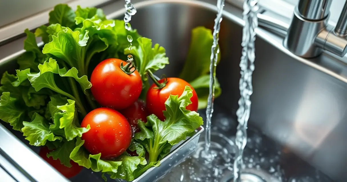 Folhas de alface e tomates sendo lavados em água corrente na pia da cozinha