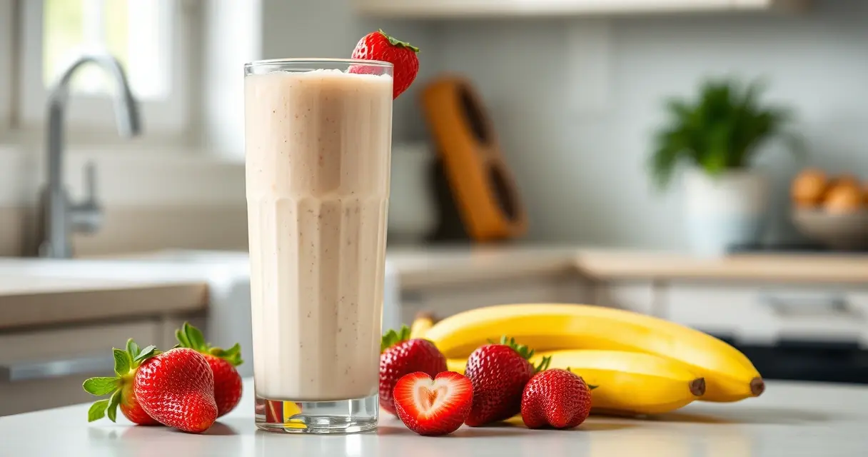 Copo alto de vitamina cremosa sobre bancada de cozinha, ao lado de bananas e morangos frescos