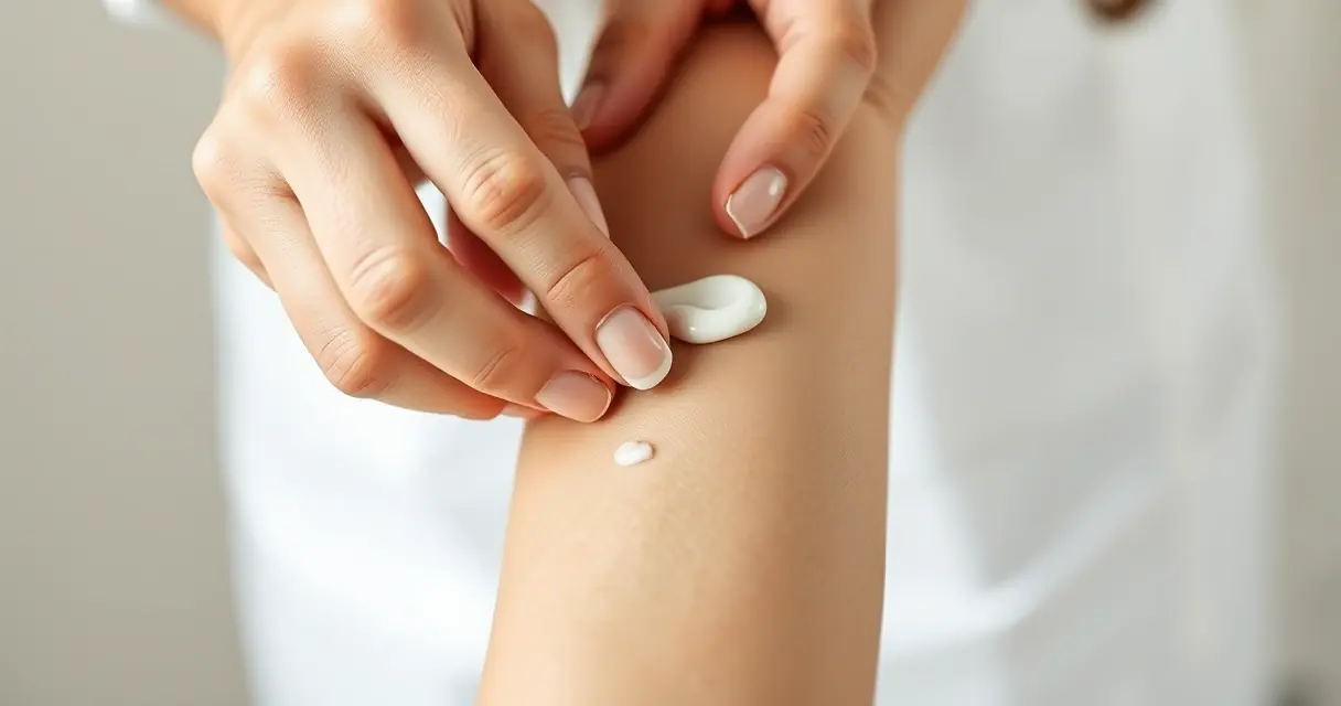 Mãos espalhando uma pequena porção de creme branco sobre a pele do antebraço