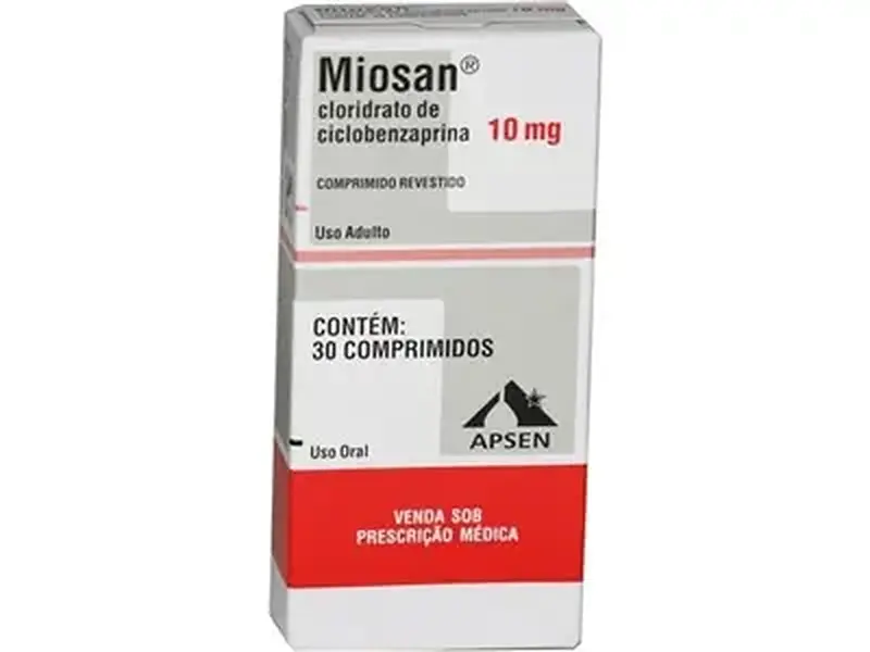 Caixa de Miosan de 10 mg, cloridrato de ciclobenzaprina em comprimidos revestidos, do laboratório Apsen