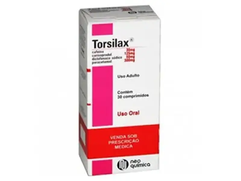 Caixa de Torsilax com 30 comprimidos, associação de cafeína, carisoprodol, diclofenaco e paracetamol